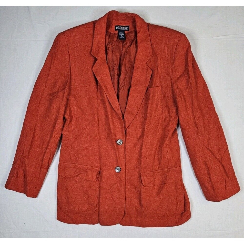 Lands End Jacket Women's Size 12 Orange Linen Blend Blazer USA Made Vintage Y2K